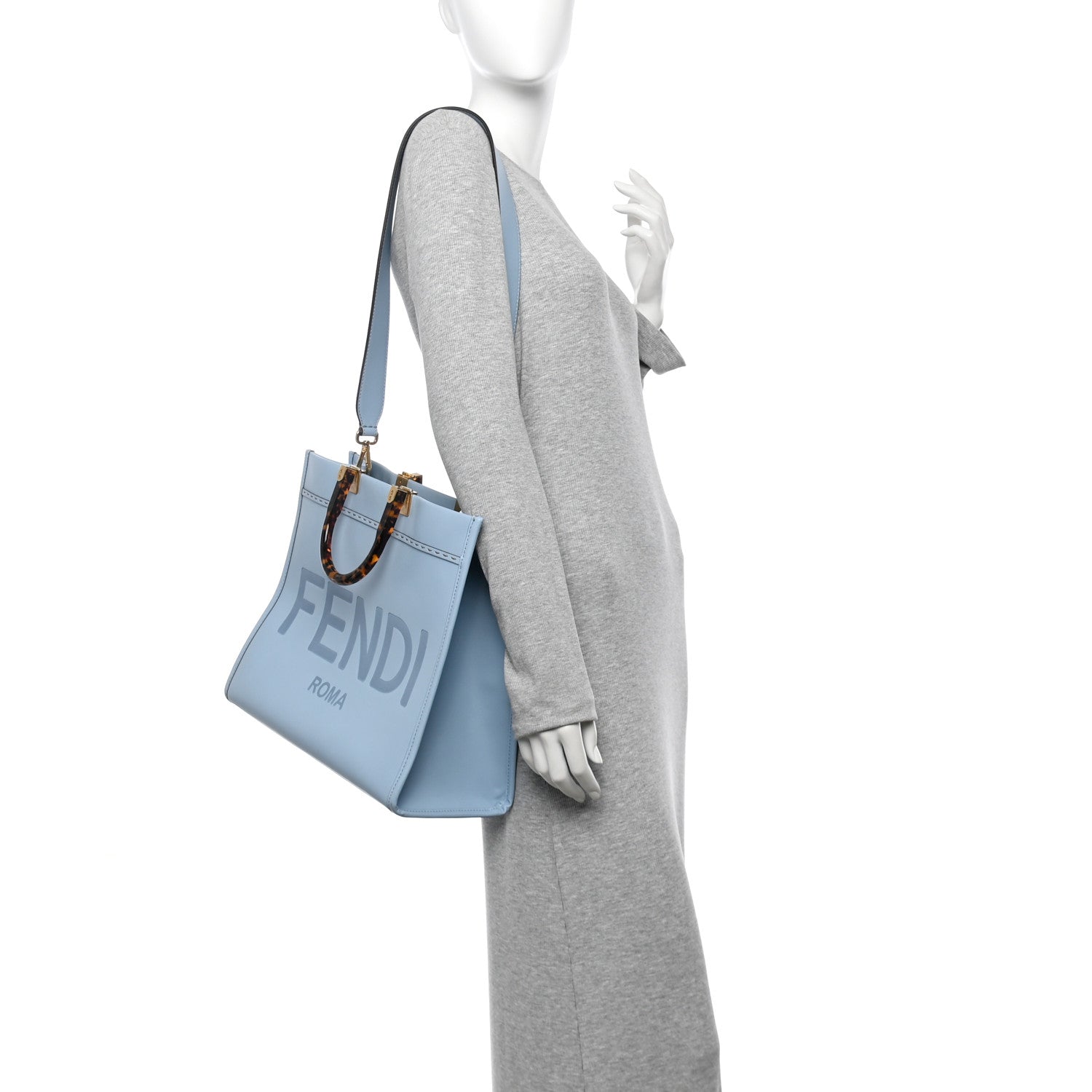 Fendi Vitello King Plexiglass Logo Embossed Medium Fendi Sunshine Shopper Tote Azzurro Baby 2 of 10