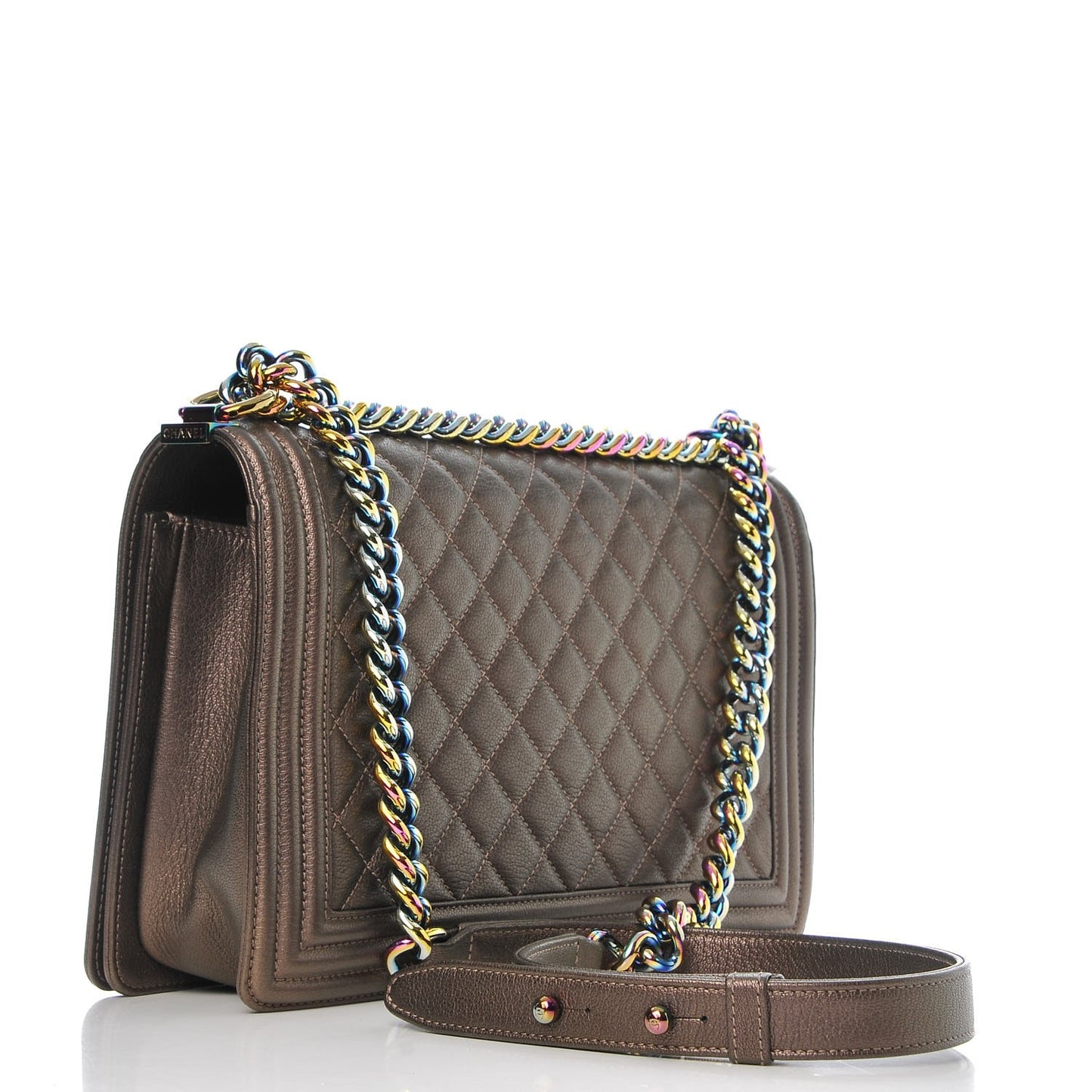 Iridescent Goatskin Quilted New Medium Boy Flap Dark Gold