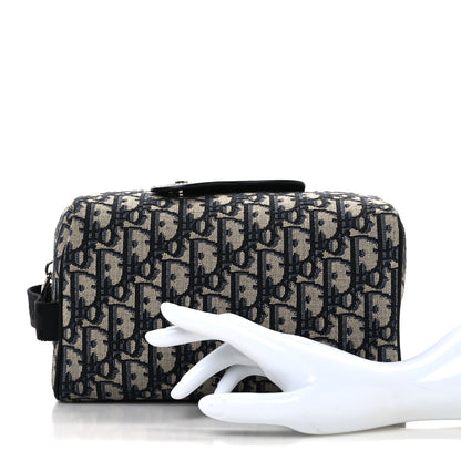 Christian Dior Oblique Jacquard Grained Calfskin Lingot Toiletry Case Blue Black 2 of 10