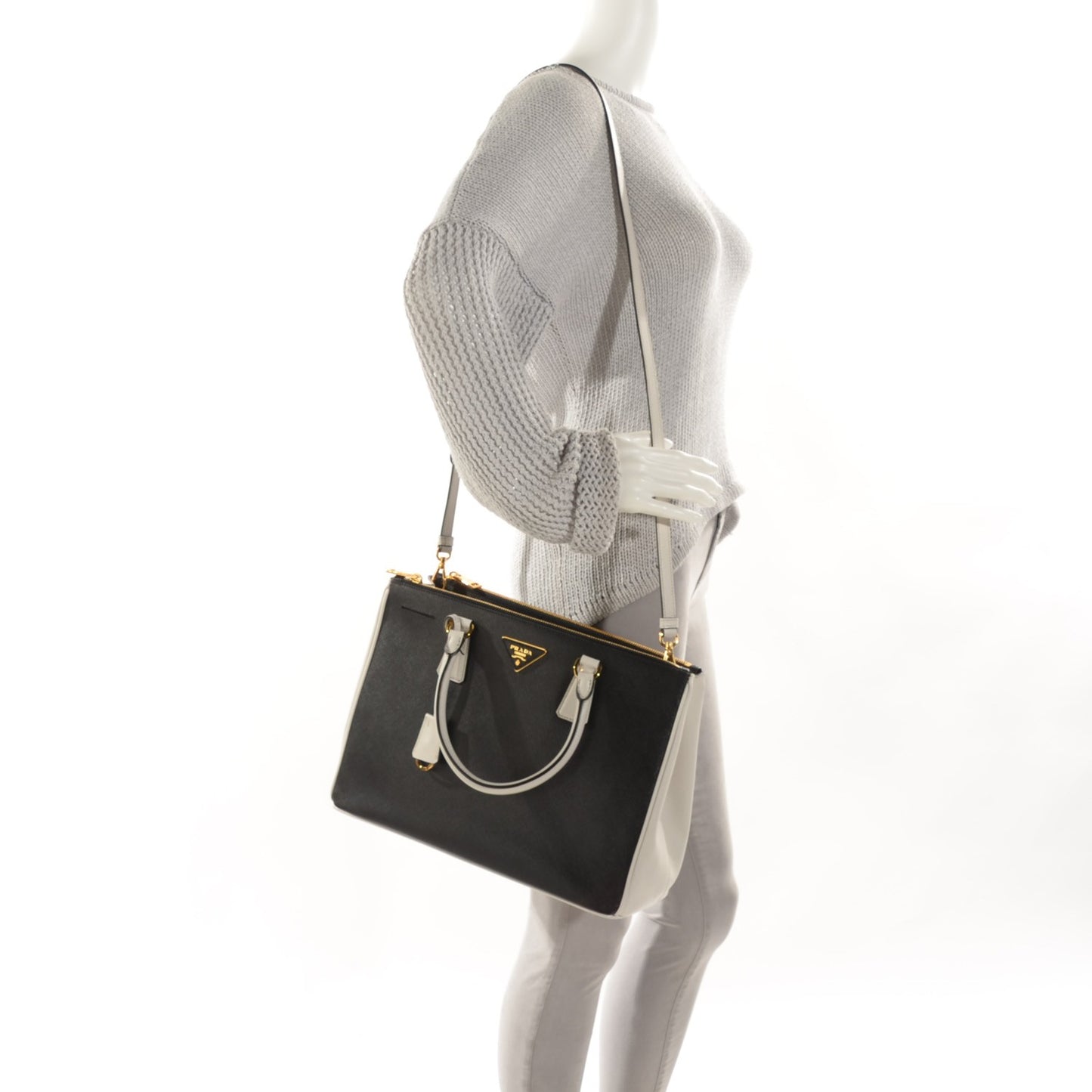 Saffiano Lux Bi-Color Medium Galleria Double Zip Tote Black Talco