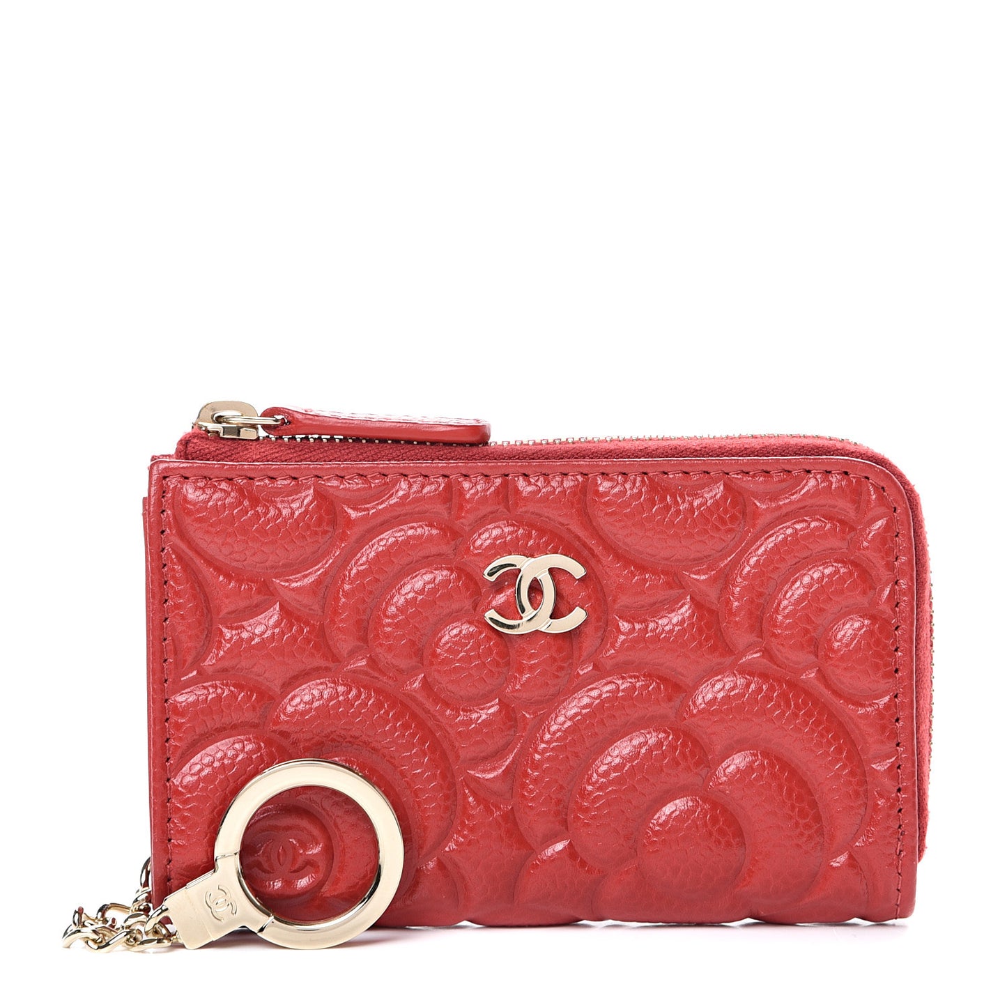Caviar Camellia Embossed Key Holder Case Red