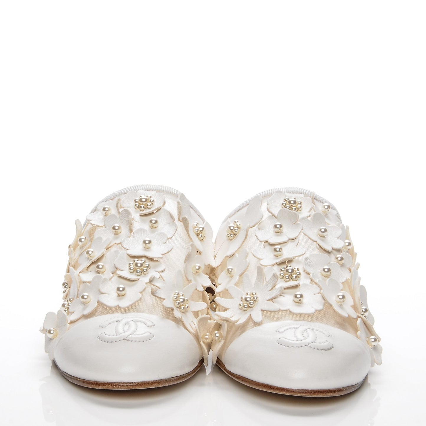 Lambskin Mesh Flower Pearl CC Mules 37.5 White