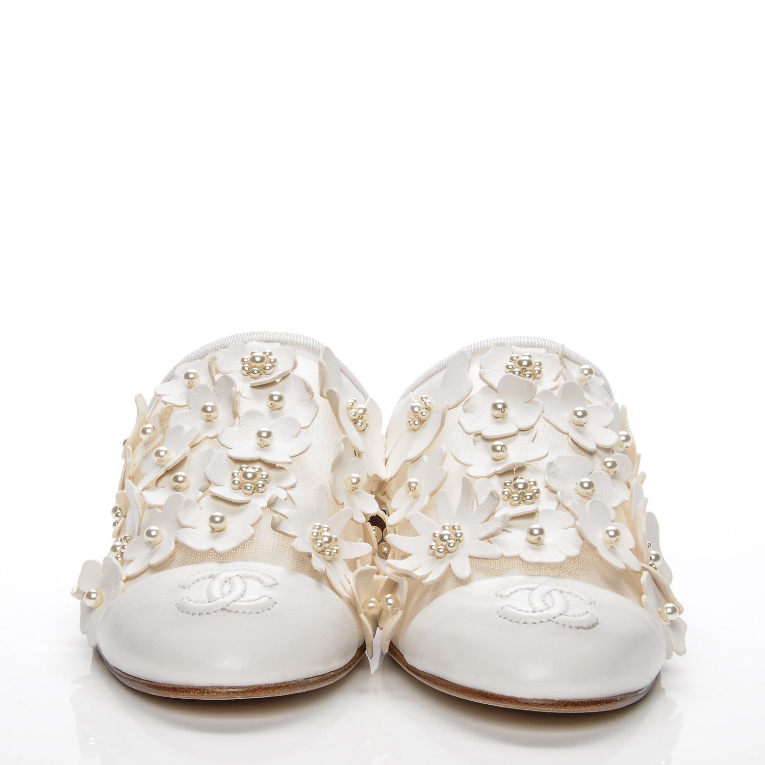 Chanel Lambskin Mesh Flower Pearl CC Mules 37.5 White 2 of 7