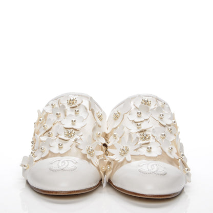 Chanel Lambskin Mesh Flower Pearl CC Mules 37.5 White 2 of 7