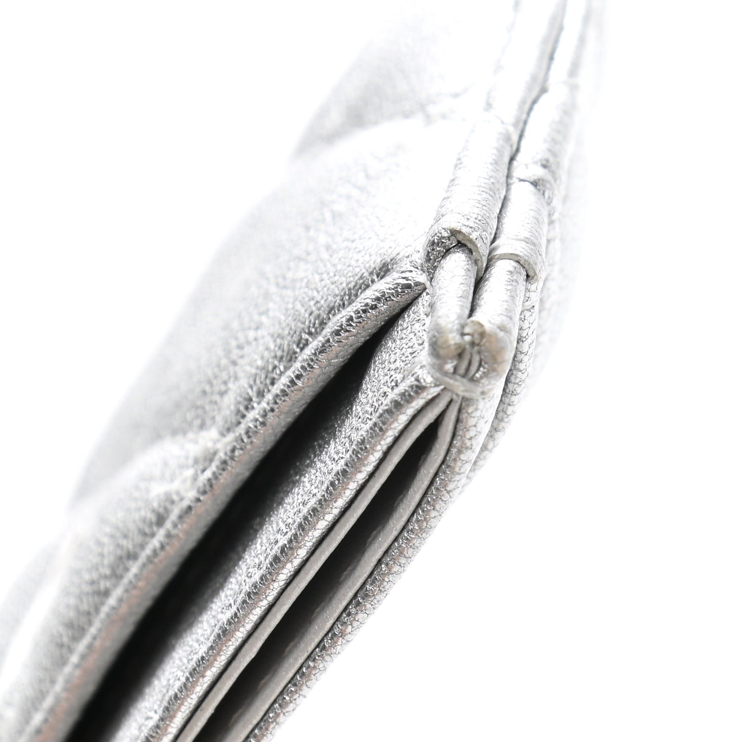 Metallic Lambskin Quilted Card Holder Silver