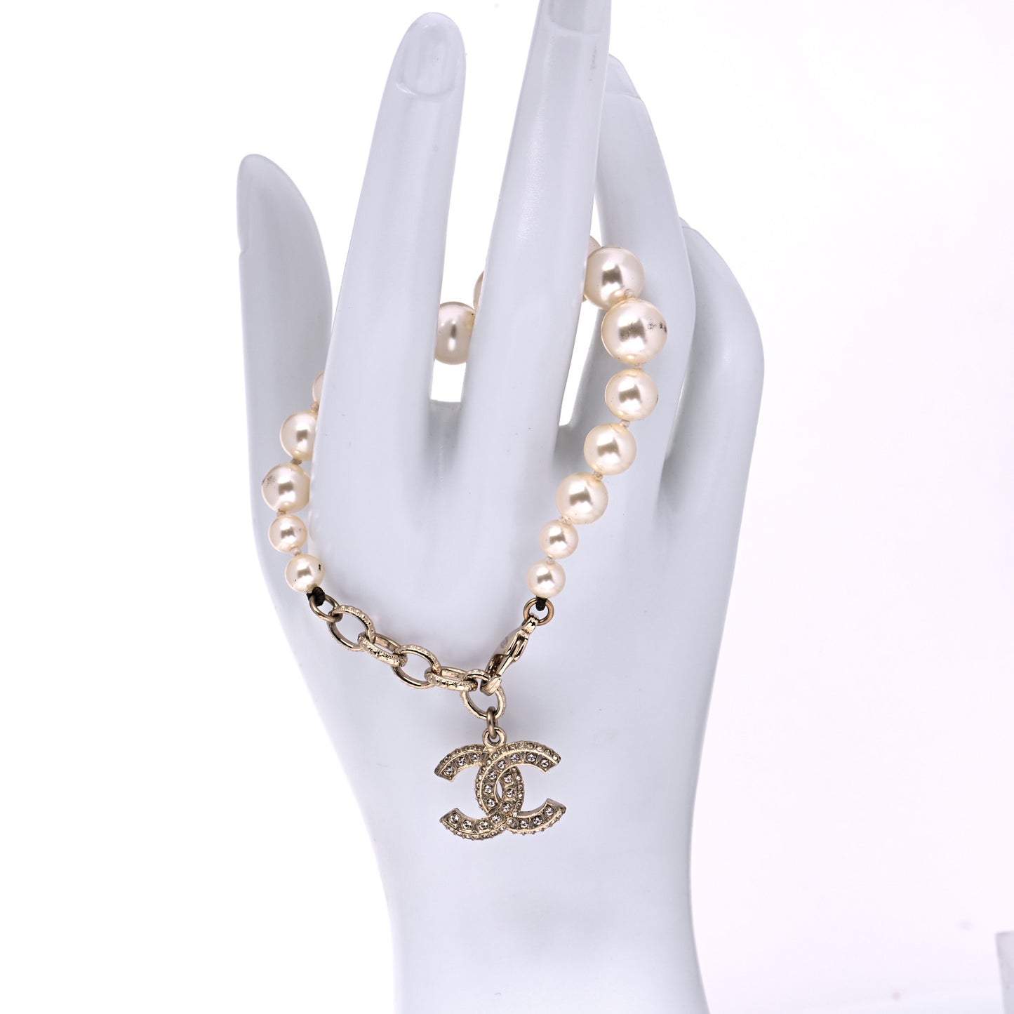 Graduated Pearl Crystal CC Bracelet Gold