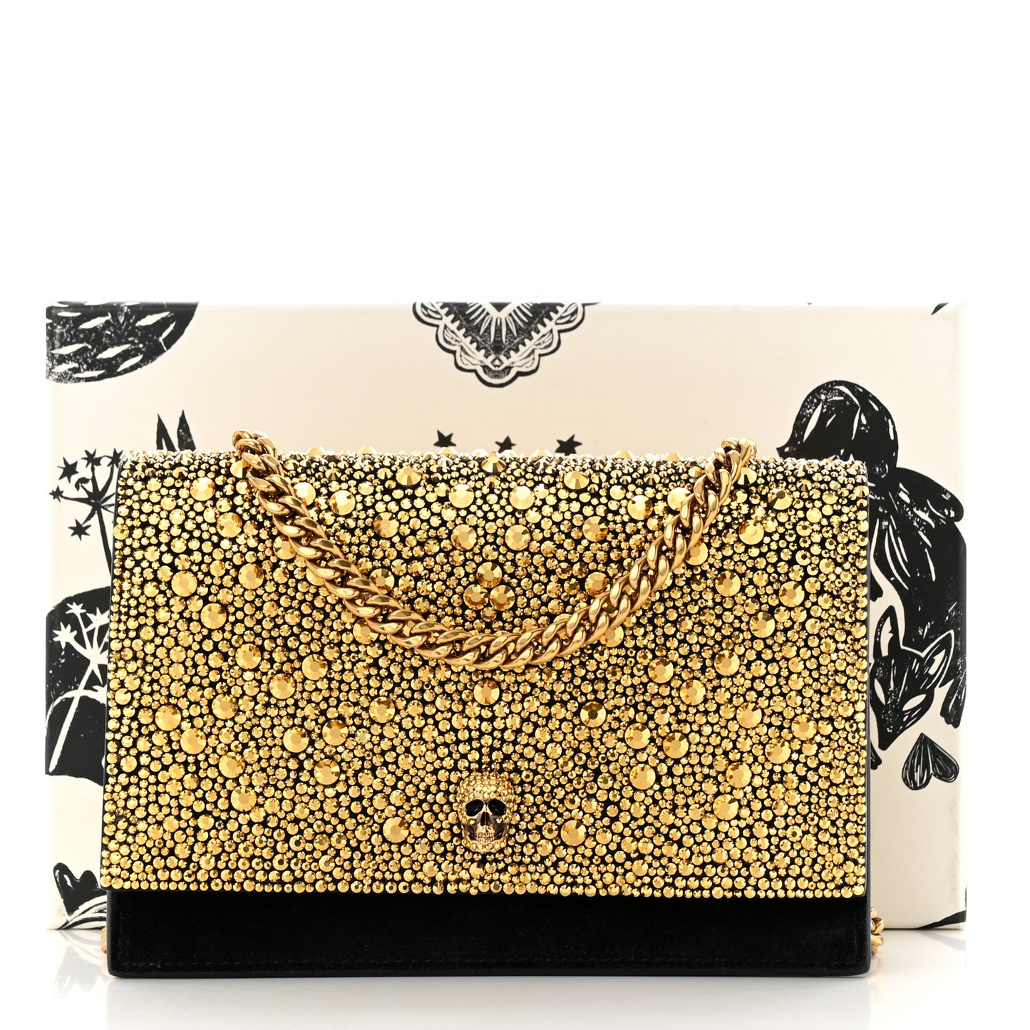 Suede Studded Mini Skull Chain Crossbody Bag Black