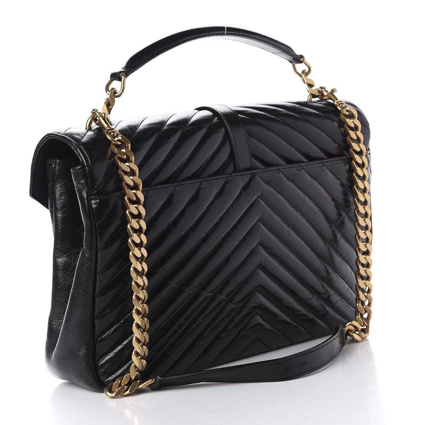 Cracked Shiny Calfskin Matelasse Chevron Monogram Large College Satchel Black