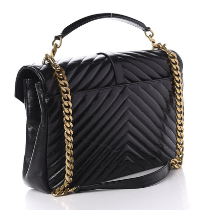 Saint Laurent Cracked Shiny Calfskin Matelasse Chevron Monogram Large College Satchel Black 3 of 11