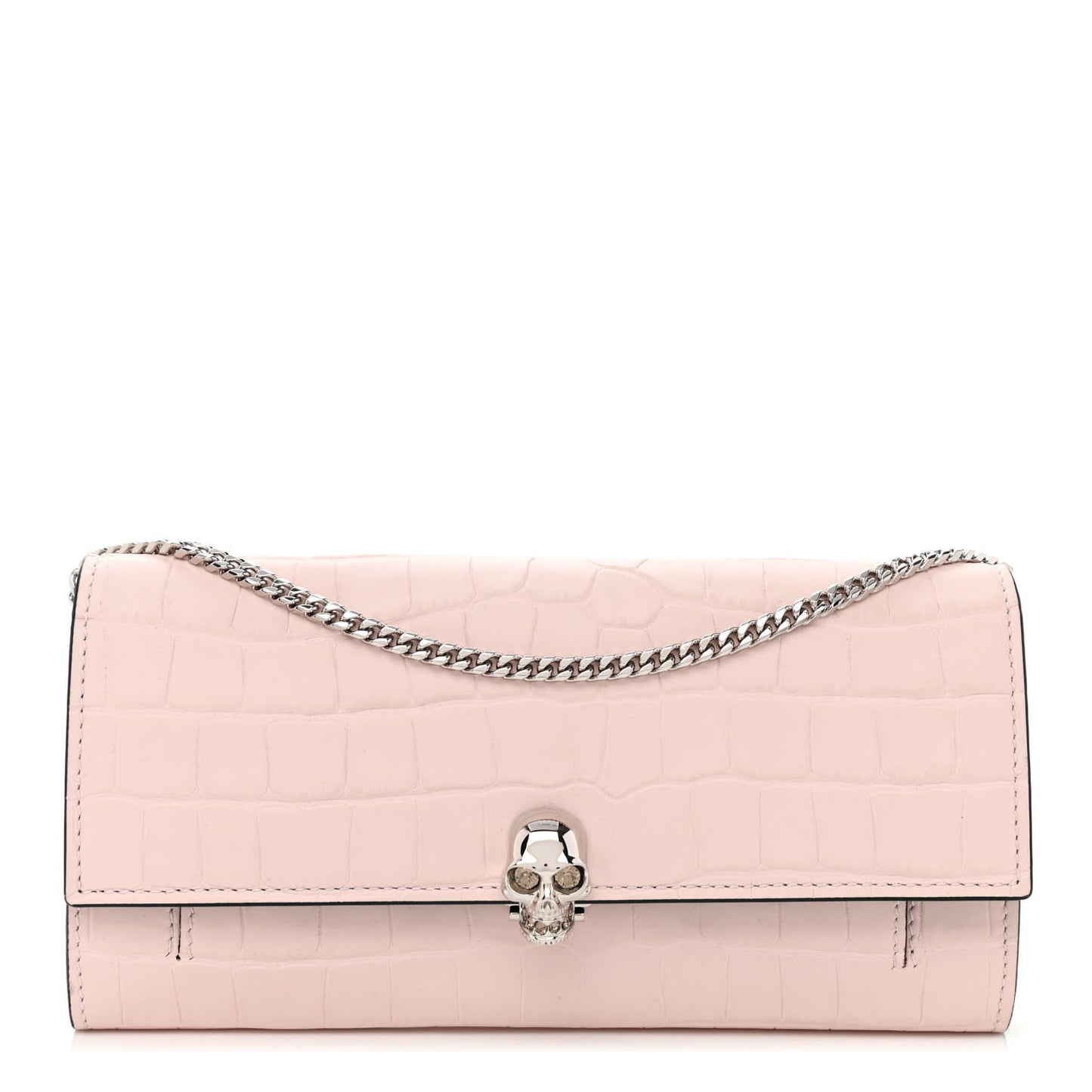 Calfskin Crocodile Embossed Skull Wallet on Chain Baby Pink