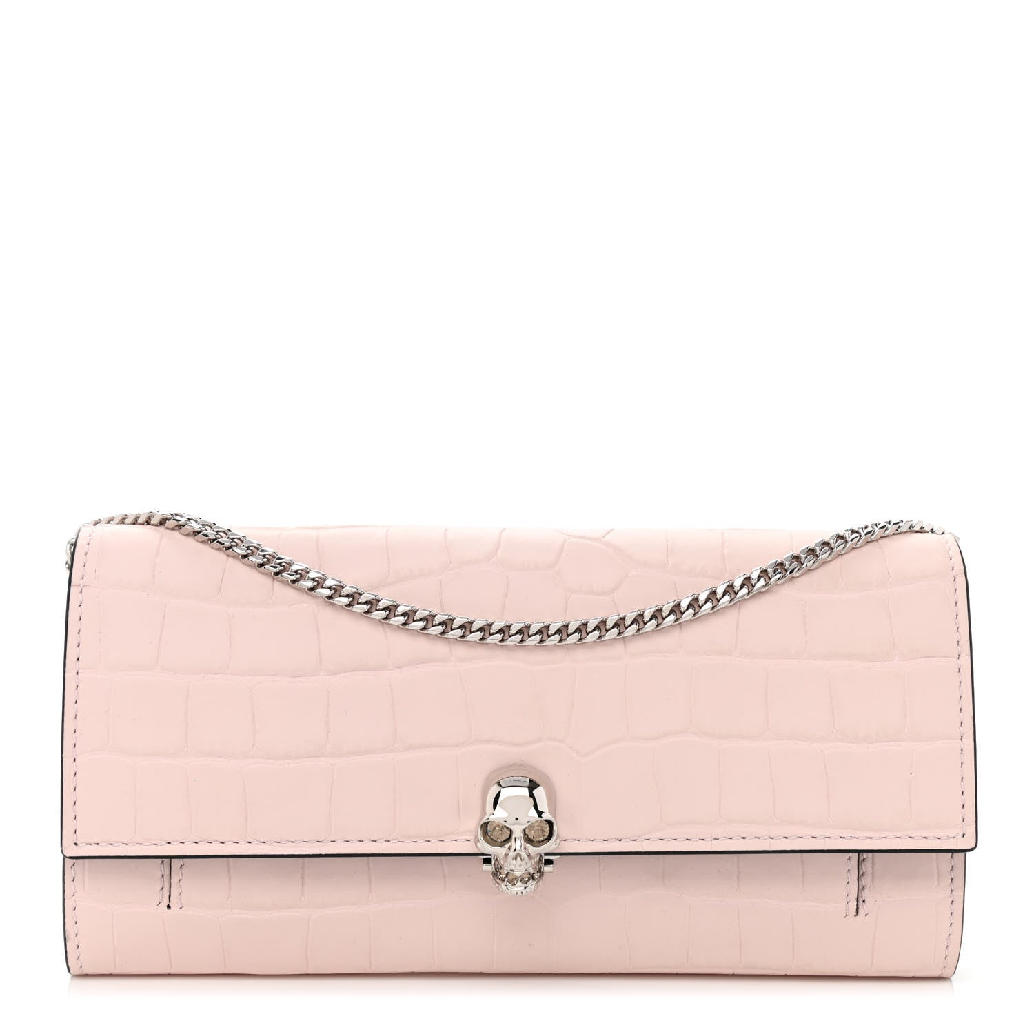 Alexander McQueen Calfskin Crocodile Embossed Skull Wallet on Chain Baby Pink 1 of 7