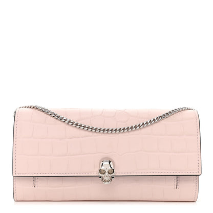 Alexander McQueen Calfskin Crocodile Embossed Skull Wallet on Chain Baby Pink 1 of 7