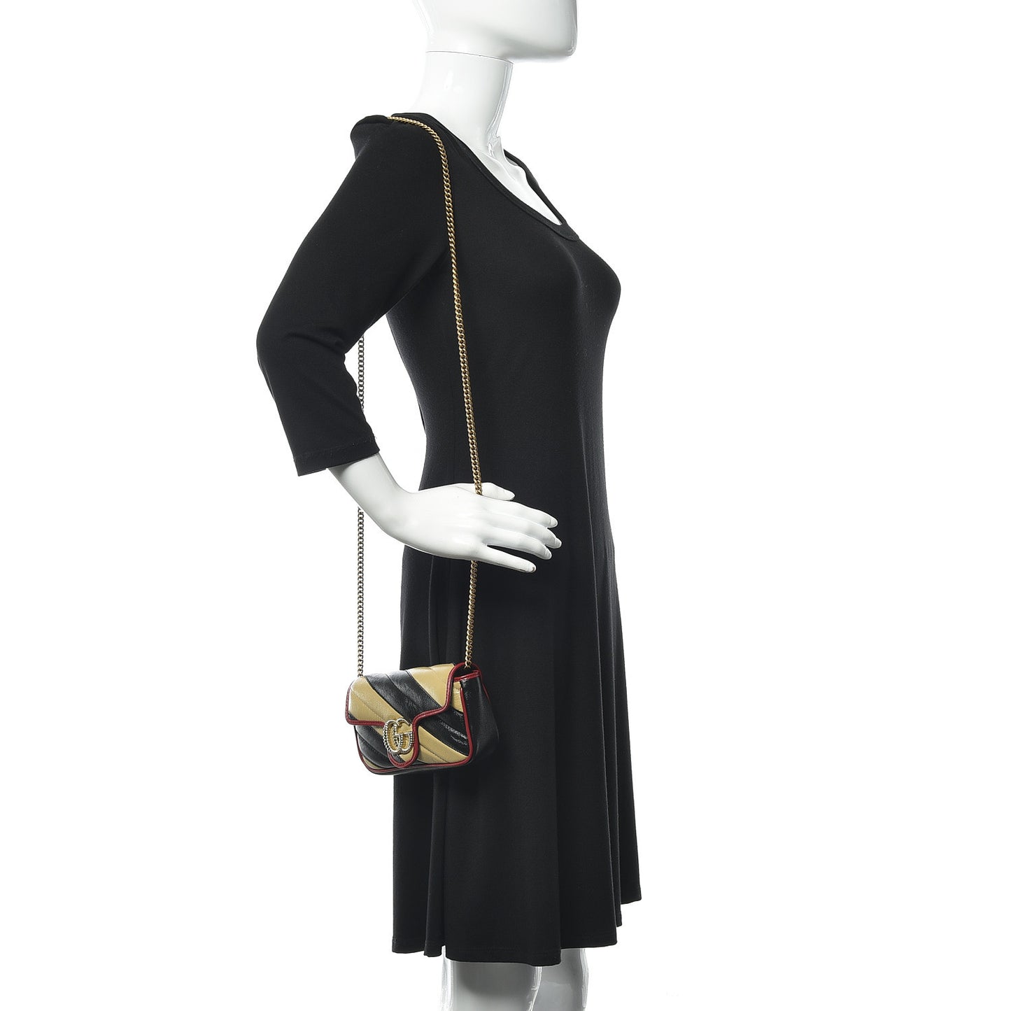 Vintage Effect Calfskin Matelasse Diagonal Striped Super Mini Torchon GG Marmont Shoulder Bag Black Beige