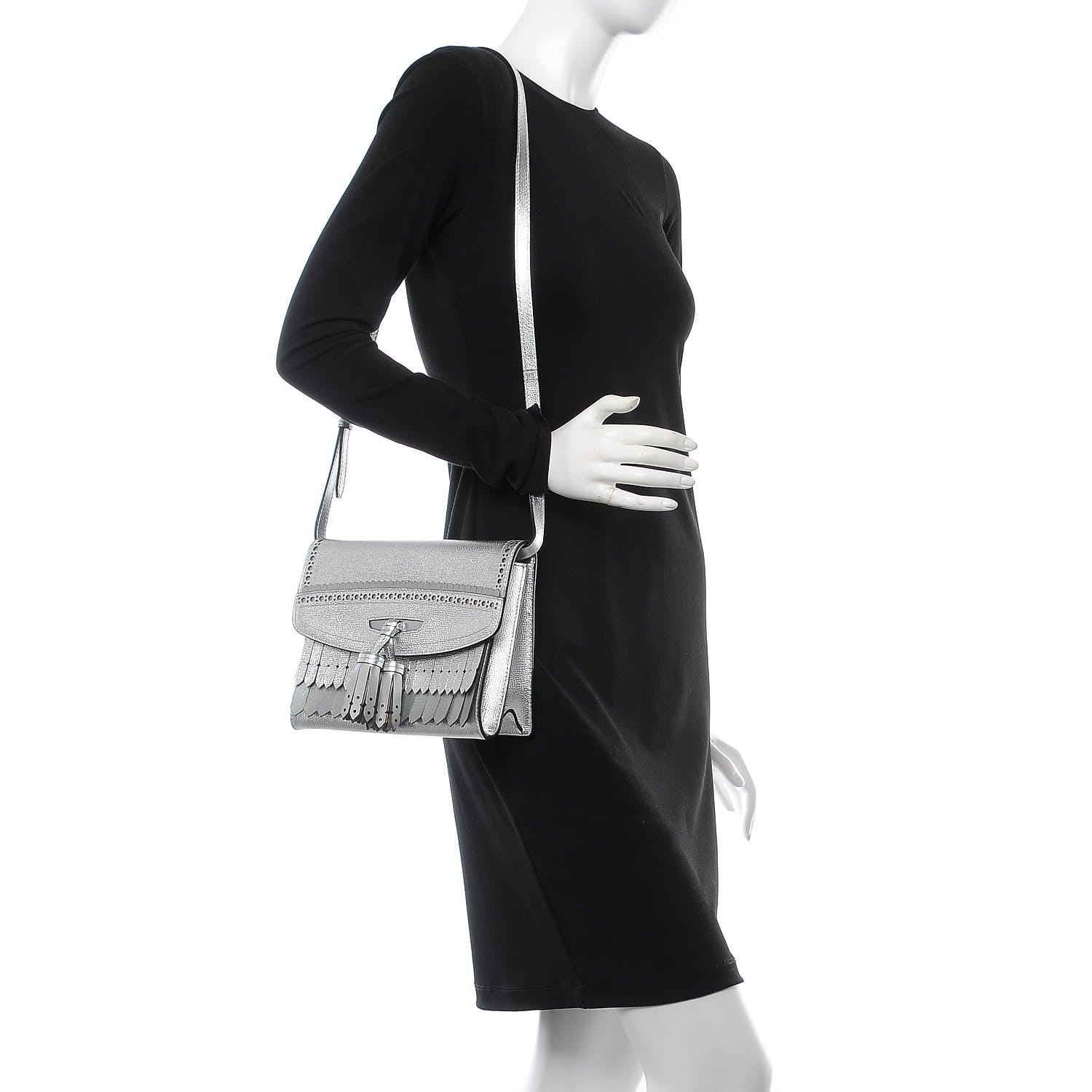 Burberry Metallic Grainy Calfskin Broguing Tassel Small Macken Crossbody Bag Silver 2 of 7