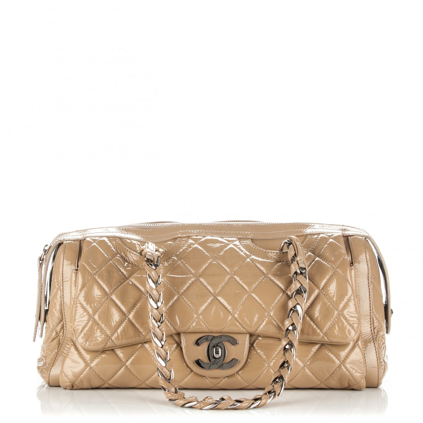 Patent Quilted Day Glo Flap Bag Beige