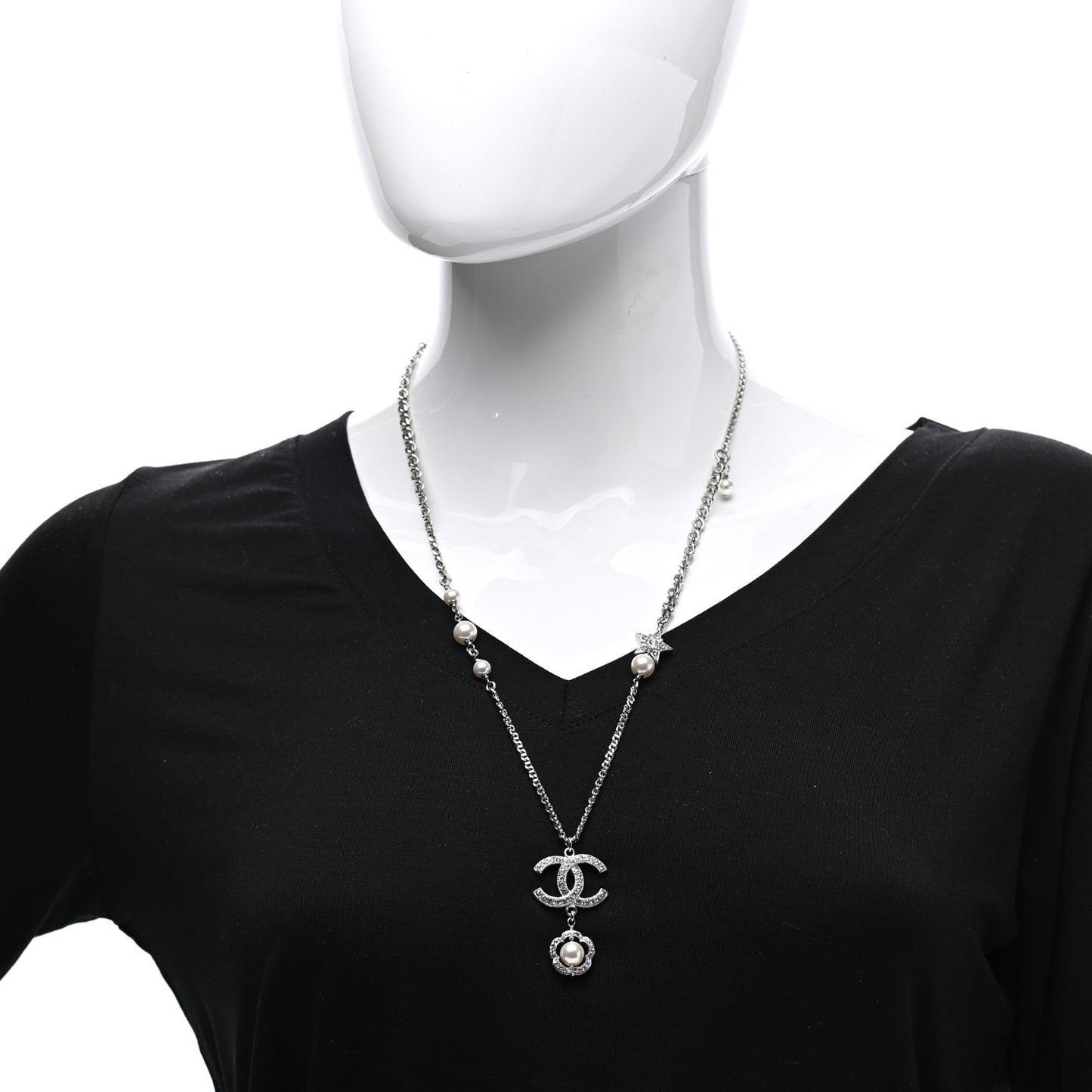 Crystal Pearl CC Star Necklace Silver