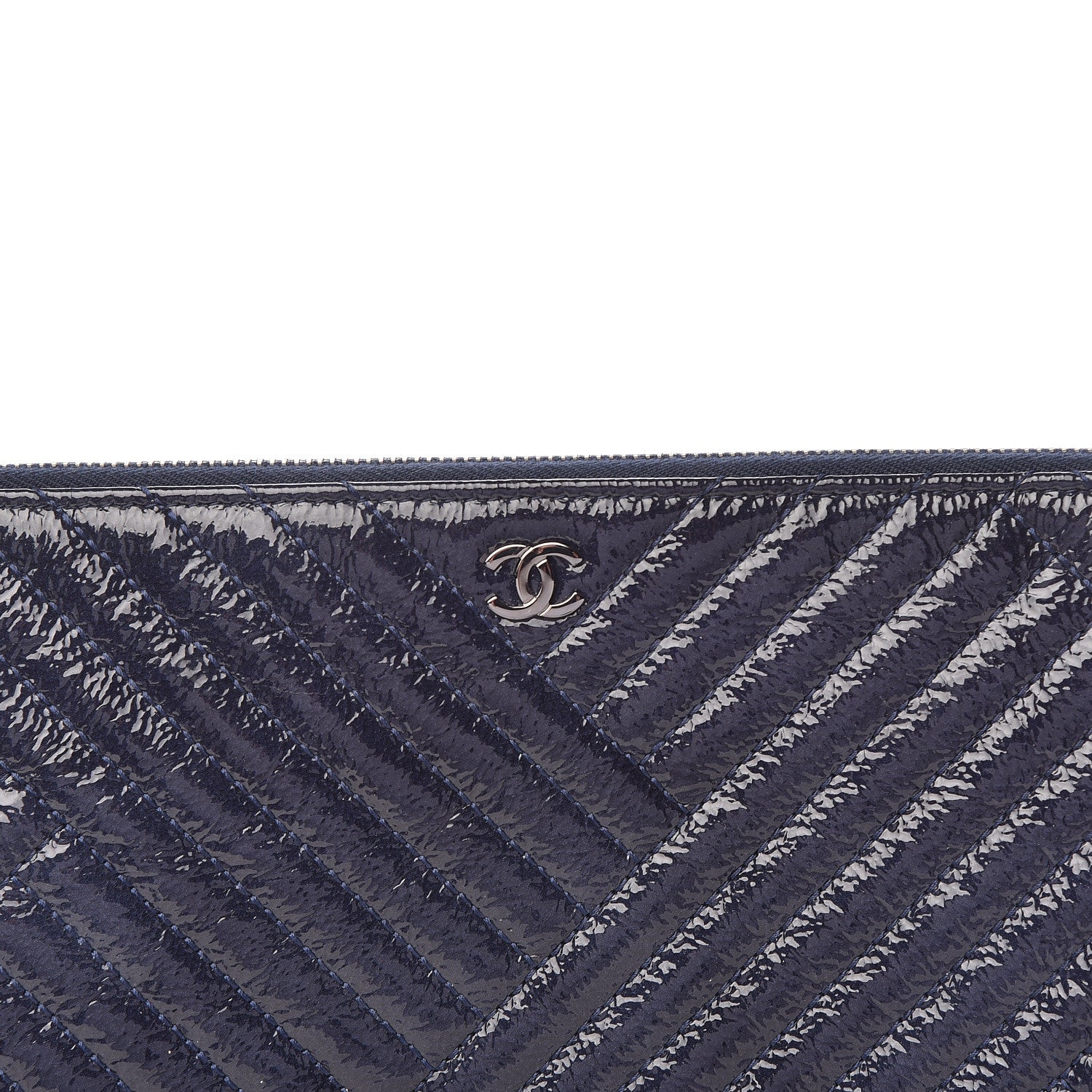 Chanel Distressed Patent Chevron Quilted Medium CC Crossing Cosmetic Case Blue 8 of 10