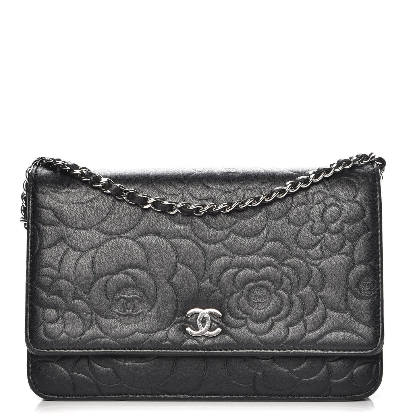 Lambskin Camellia Embossed Wallet On Chain WOC Black