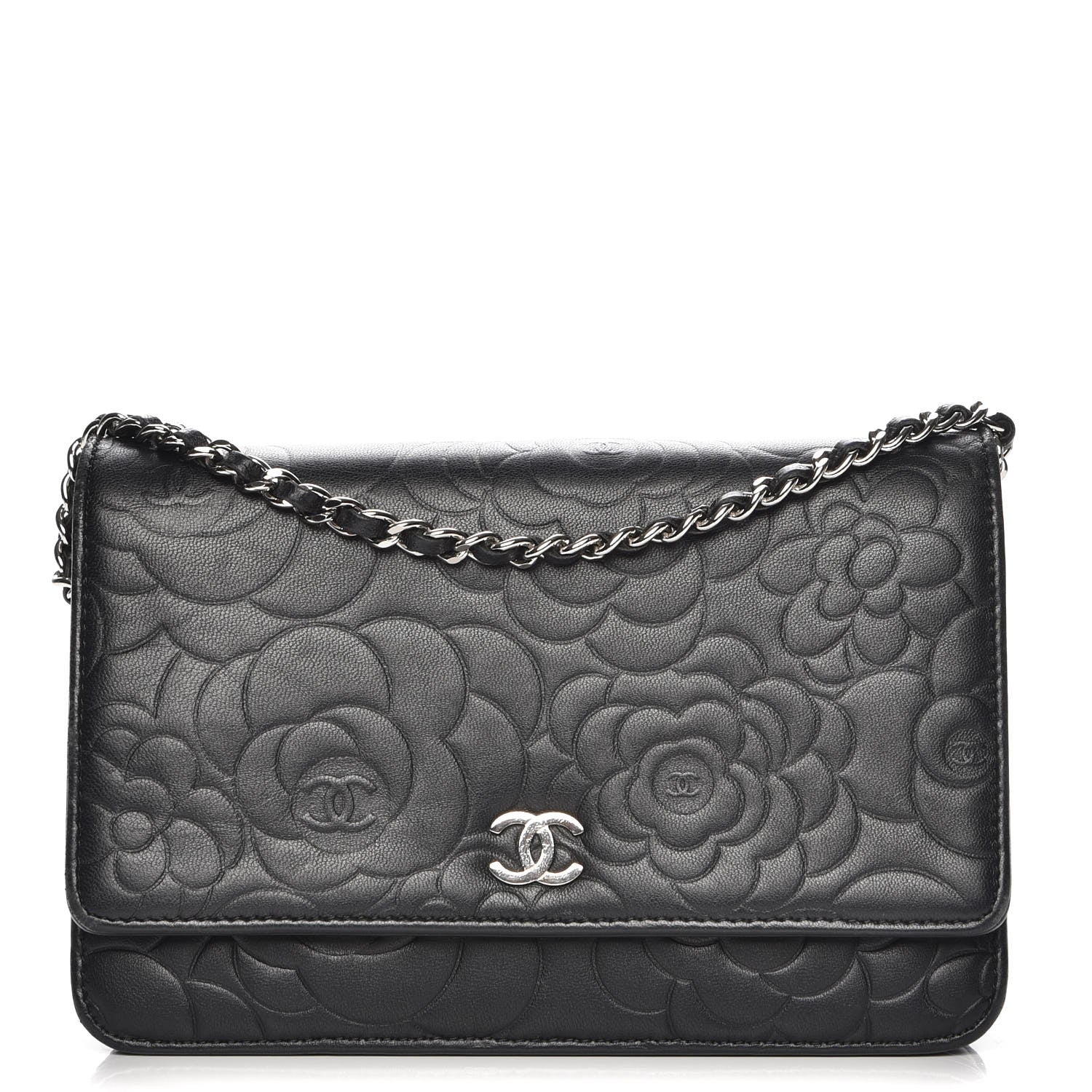 Chanel Lambskin Camellia Embossed Wallet On Chain WOC Black 1 of 8
