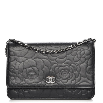 Chanel Lambskin Camellia Embossed Wallet On Chain WOC Black 1 of 8