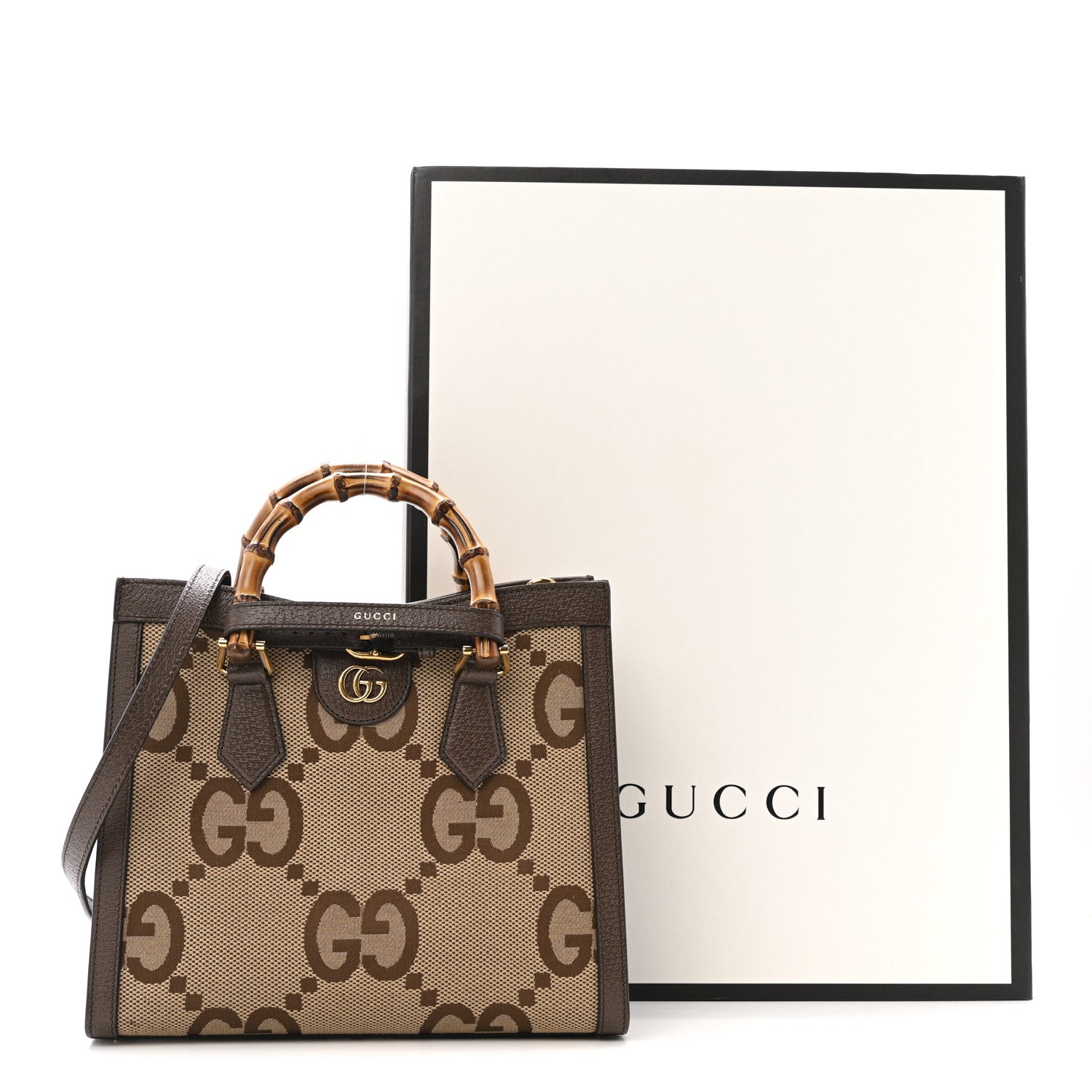 Gucci Monogram Jumbo GG Textured Dollar Calfskin Small Diana Tote Bag Camel Ebony New Acero 13 of 13