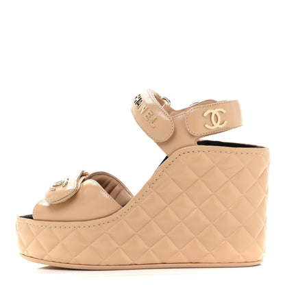 Chanel Shiny Calfskin Quilted Wedge Sandals 36 Beige 1 of 10