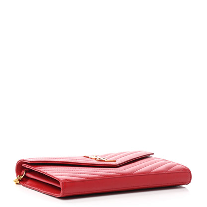 Saint Laurent Grain De Poudre Matelasse Chevron Monogram Chain Wallet New Red 3 of 8