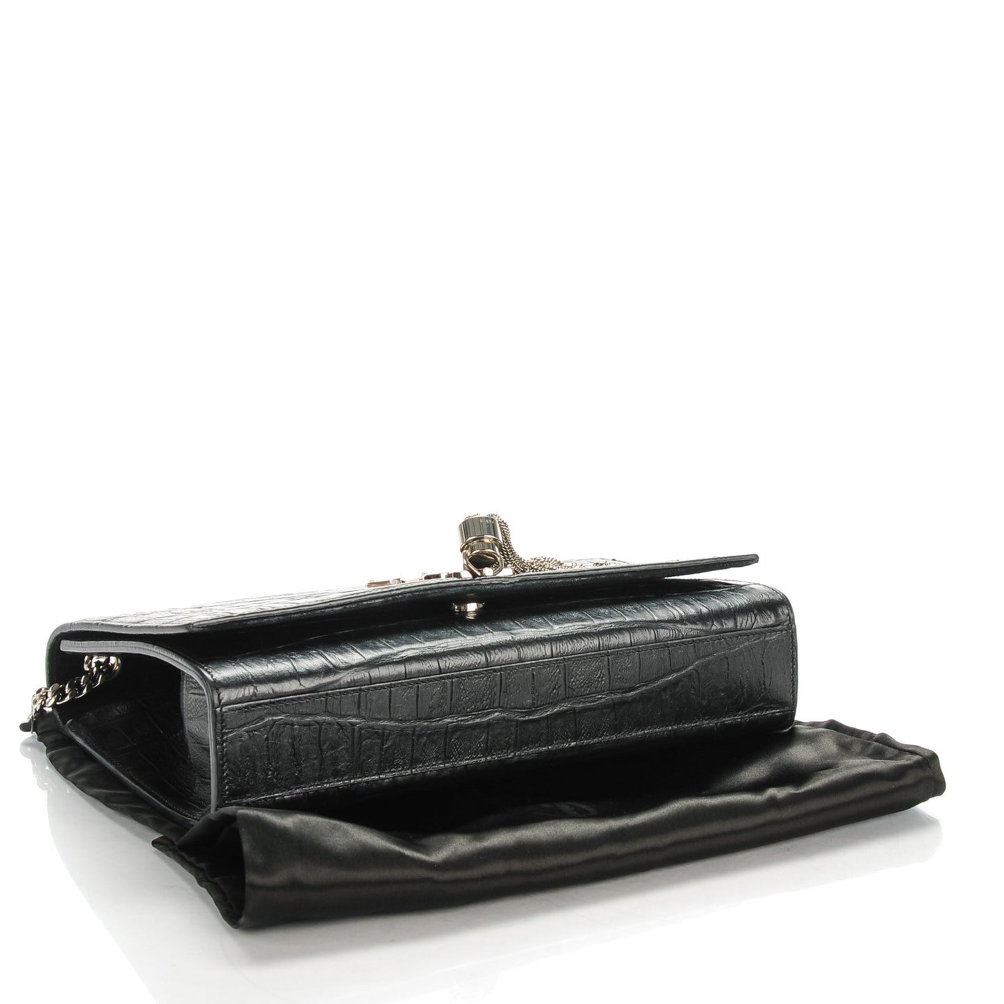Calfskin Crocodile Embossed Medium Classic Monogram Kate Tassel Satchel Black