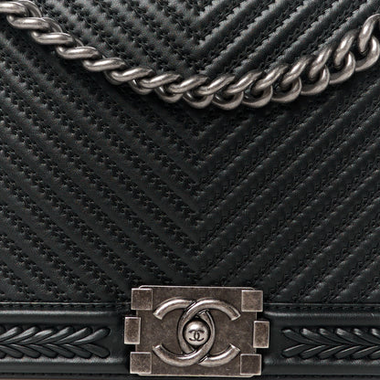 Chanel Calfskin Chevron Quilted New Medium Braided Boy Flap Black 8 of 10