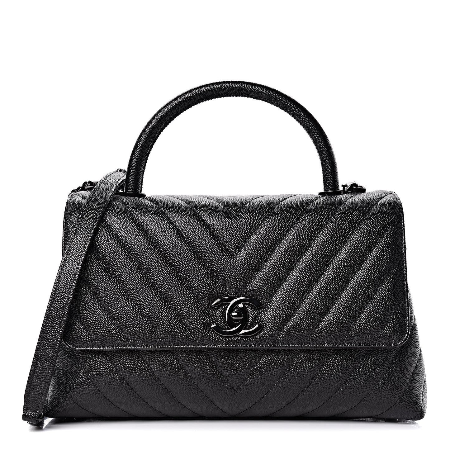 Caviar Chevron Quilted Small Coco Handle Flap So Black