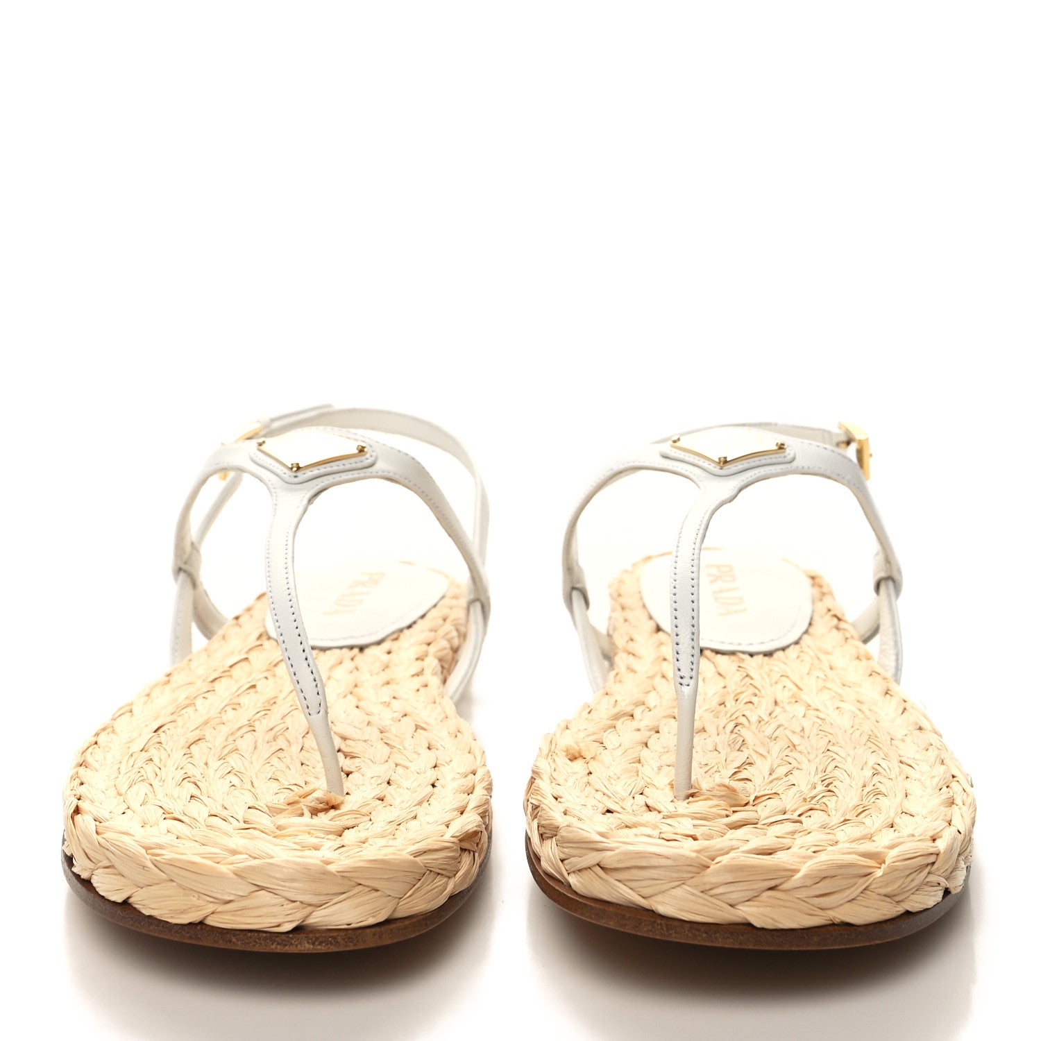 Prada Raffia Metal Triangle Logo Woven Slingback Flat Thong Sandals 40 White 3 of 10