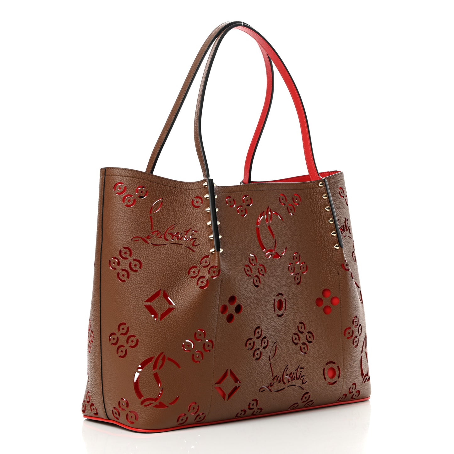 Calfskin Loubinthesky Large Perforated Cabarock Spikes Tote Biscotto