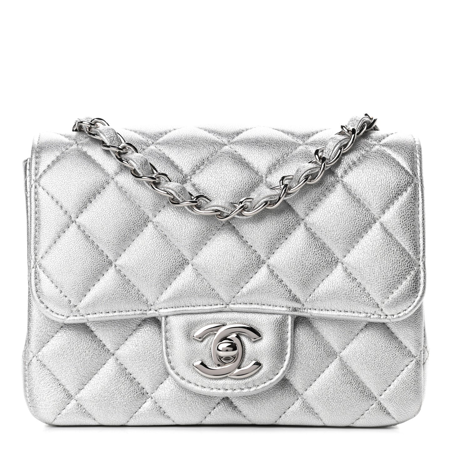 Metallic Lambskin Quilted Mini Square Flap Silver