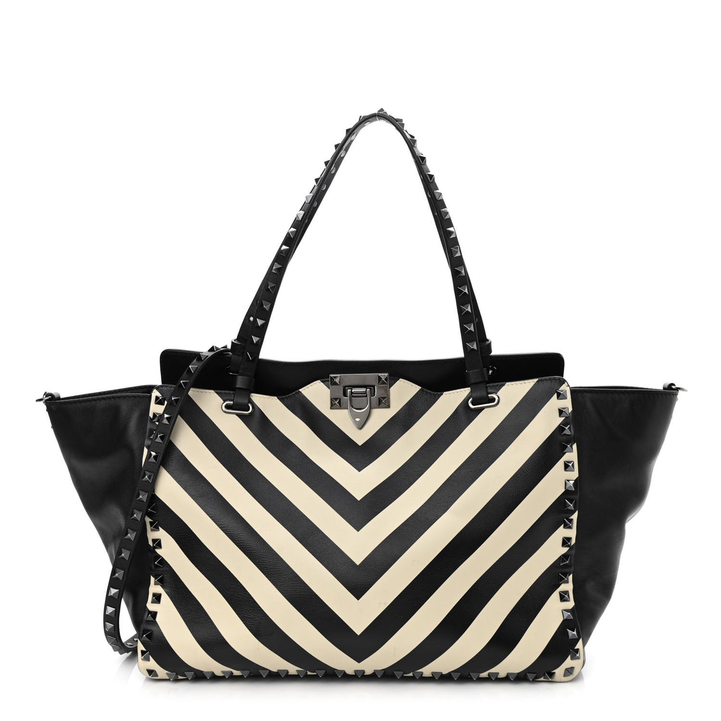 Calfskin Chevron Medium Rockstud Tote Light Ivory Black