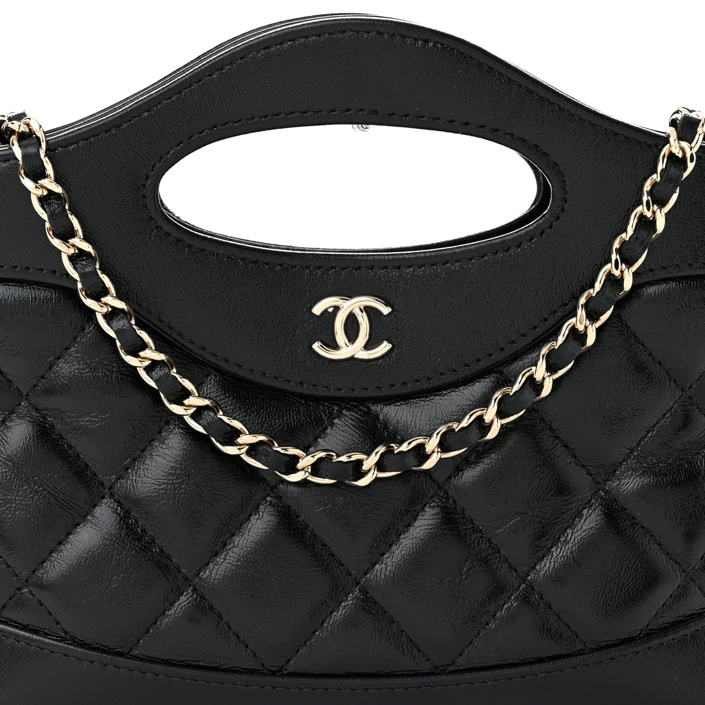 Shiny Crumpled Calfskin Quilted Nano 31 Shopping Bag Black