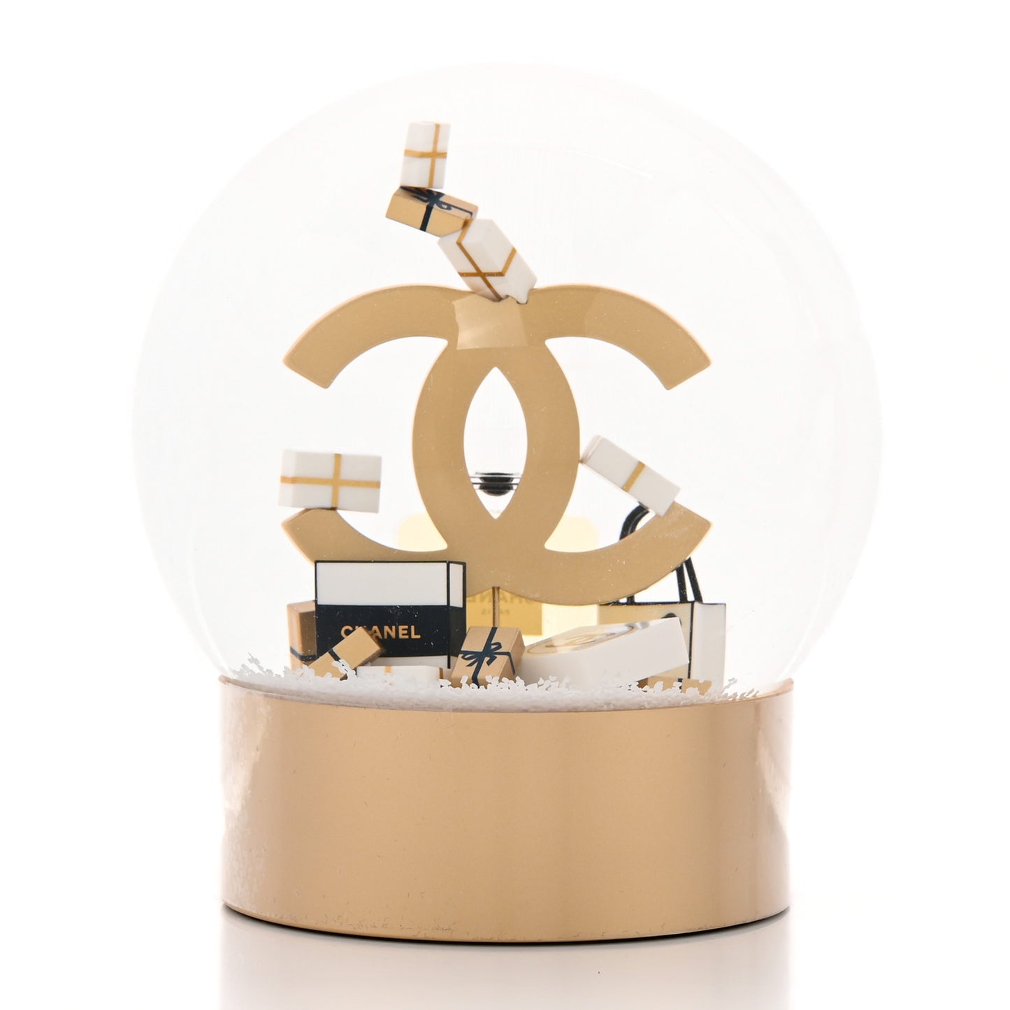 Glass CC Shopping Bag Snow Globe Gold