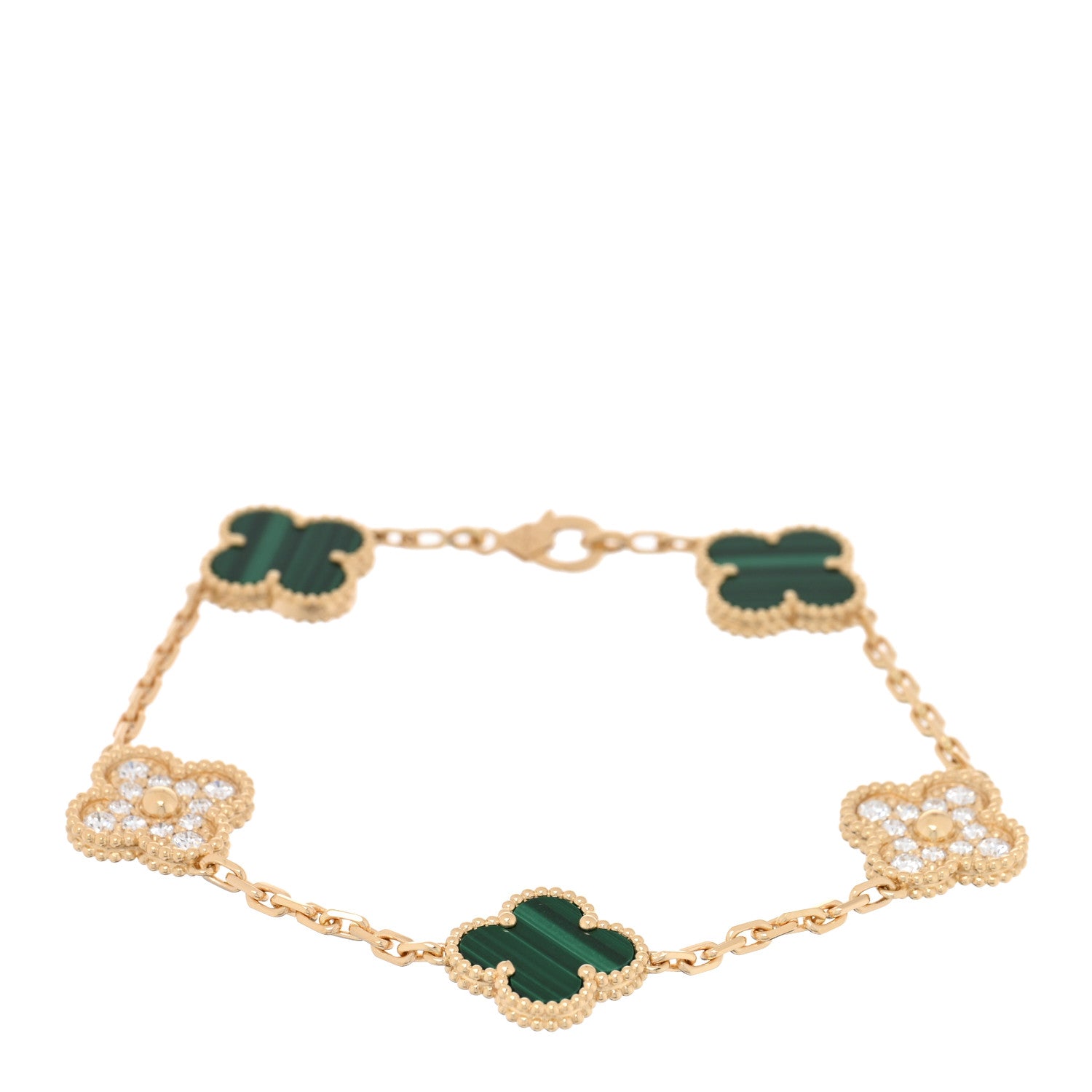Van Cleef & Arpels 18K Yellow Gold Diamond Malachite 5 Motifs Vintage Alhambra Bracelet 1 of 4