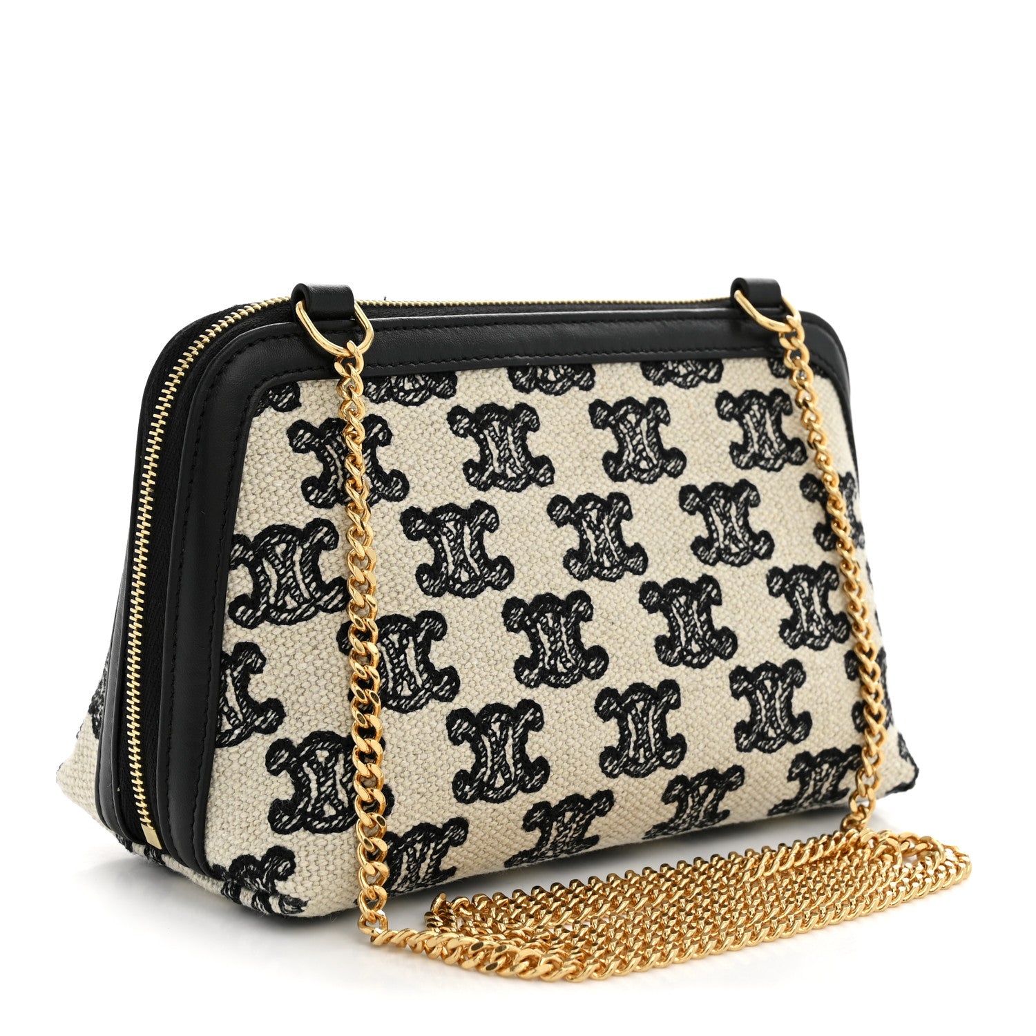 Celine Canvas Calfskin Triomphe Embroidered Clutch On Chain Black 3 of 11