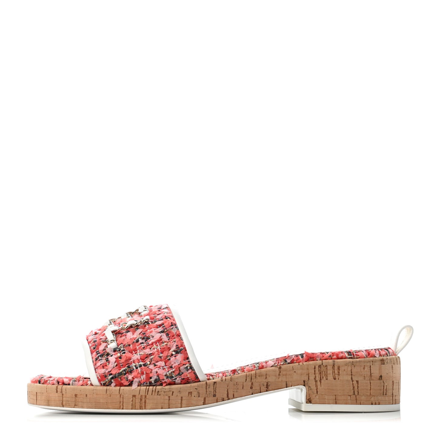 Tweed Cork CC Chain Mule Sandal 39 Coral Red Pink