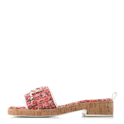 Chanel Tweed Cork CC Chain Mule Sandal 39 Coral Red Pink 1 of 6