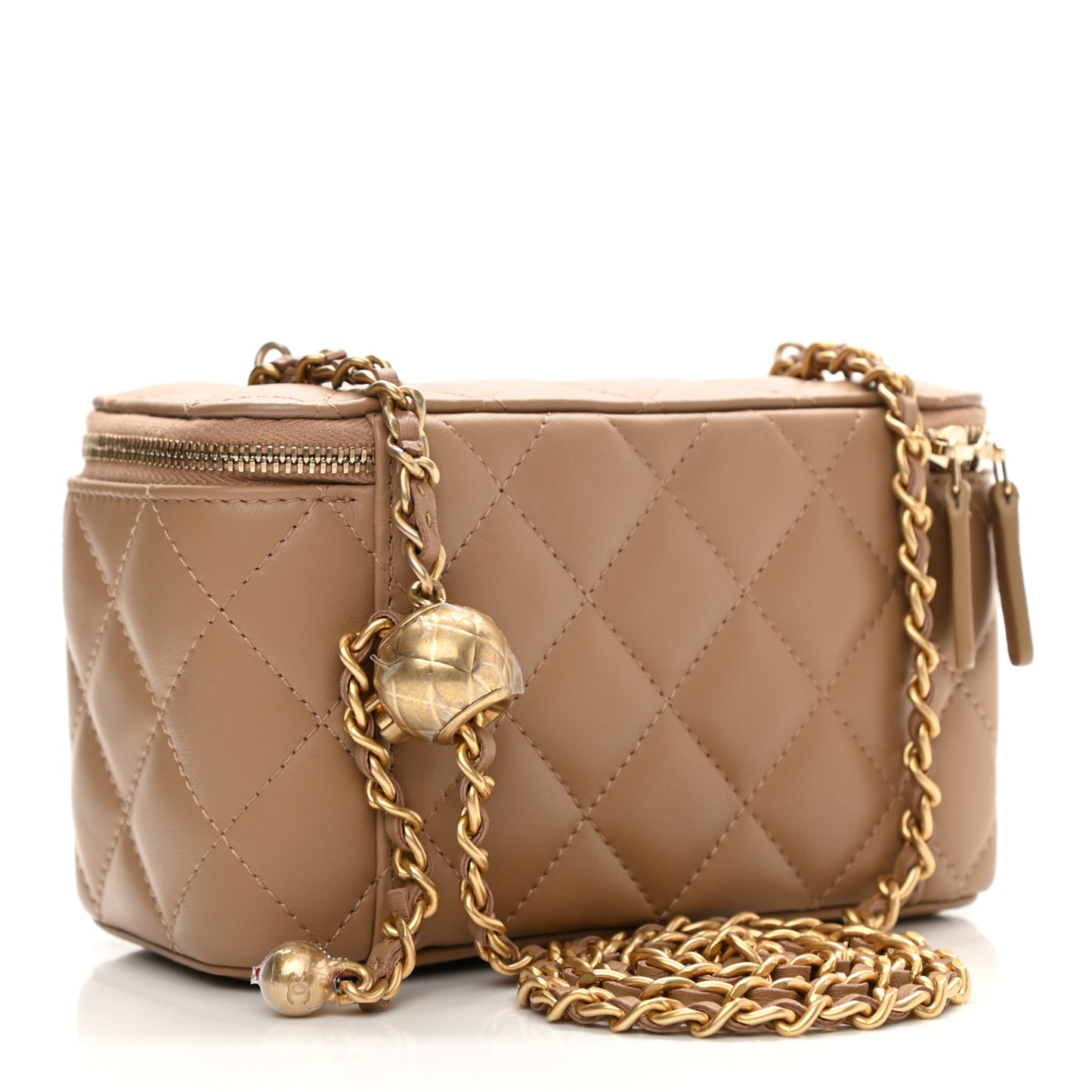 Lambskin Quilted Pearl Crush Small Vanity Case With Chain Beige