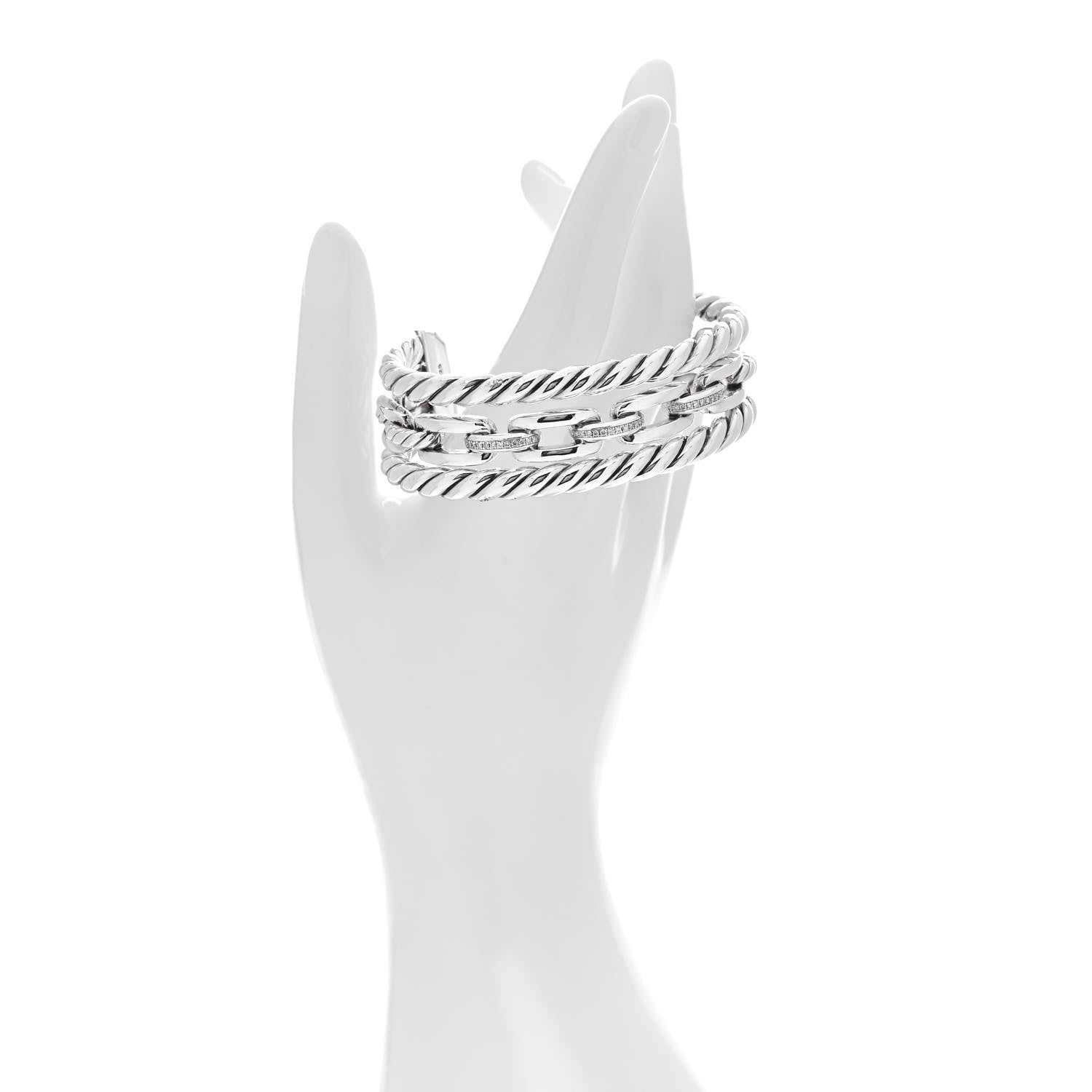 David Yurman Sterling Silver Diamond Wellesley Link Three-Row Cuff Bracelet 2 of 4