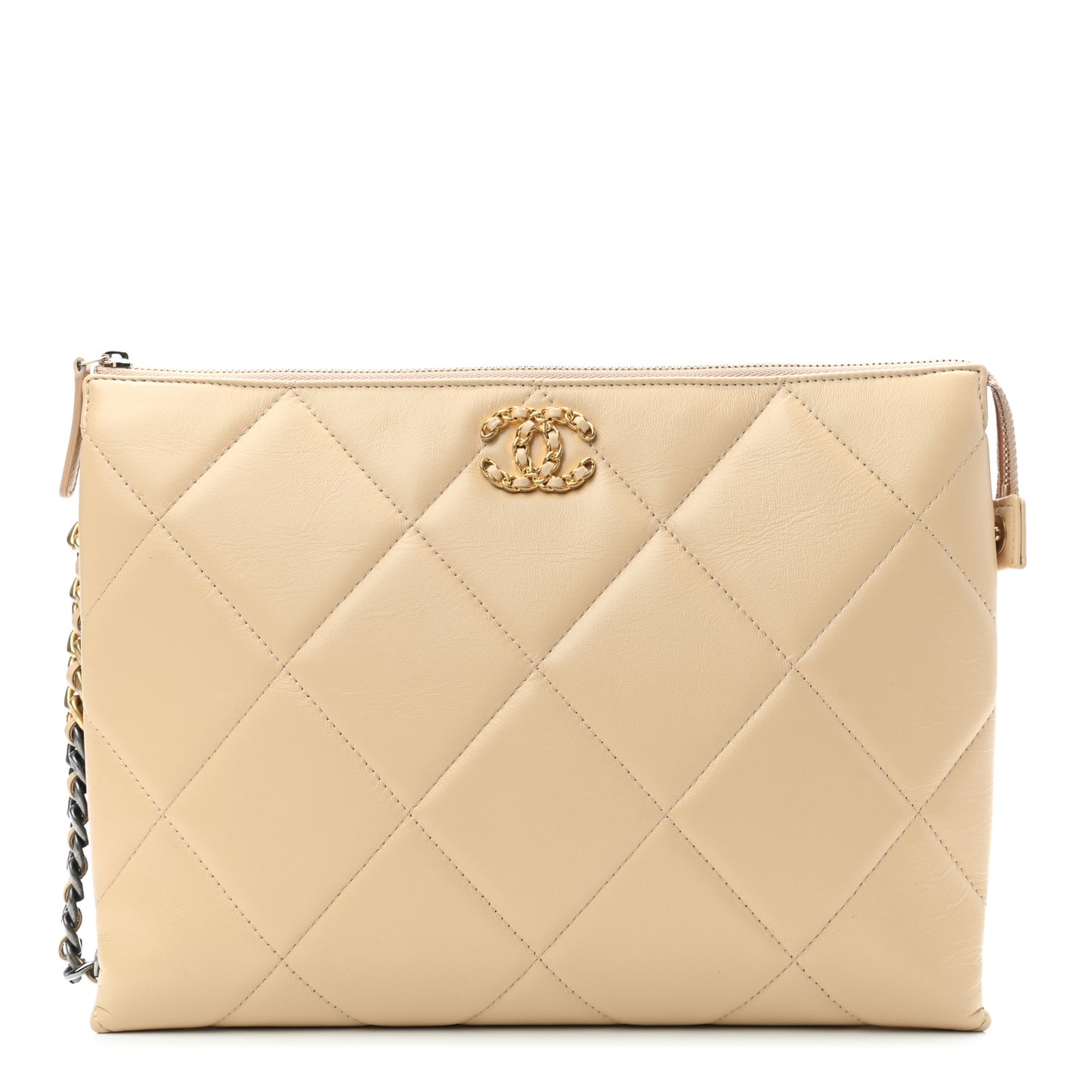Shiny Goatskin Quilted Large Chanel 19 Pouch Beige