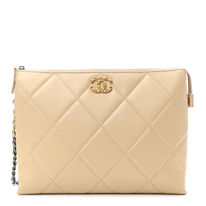 Chanel Shiny Goatskin Quilted Large Chanel 19 Pouch Beige 1 of 7