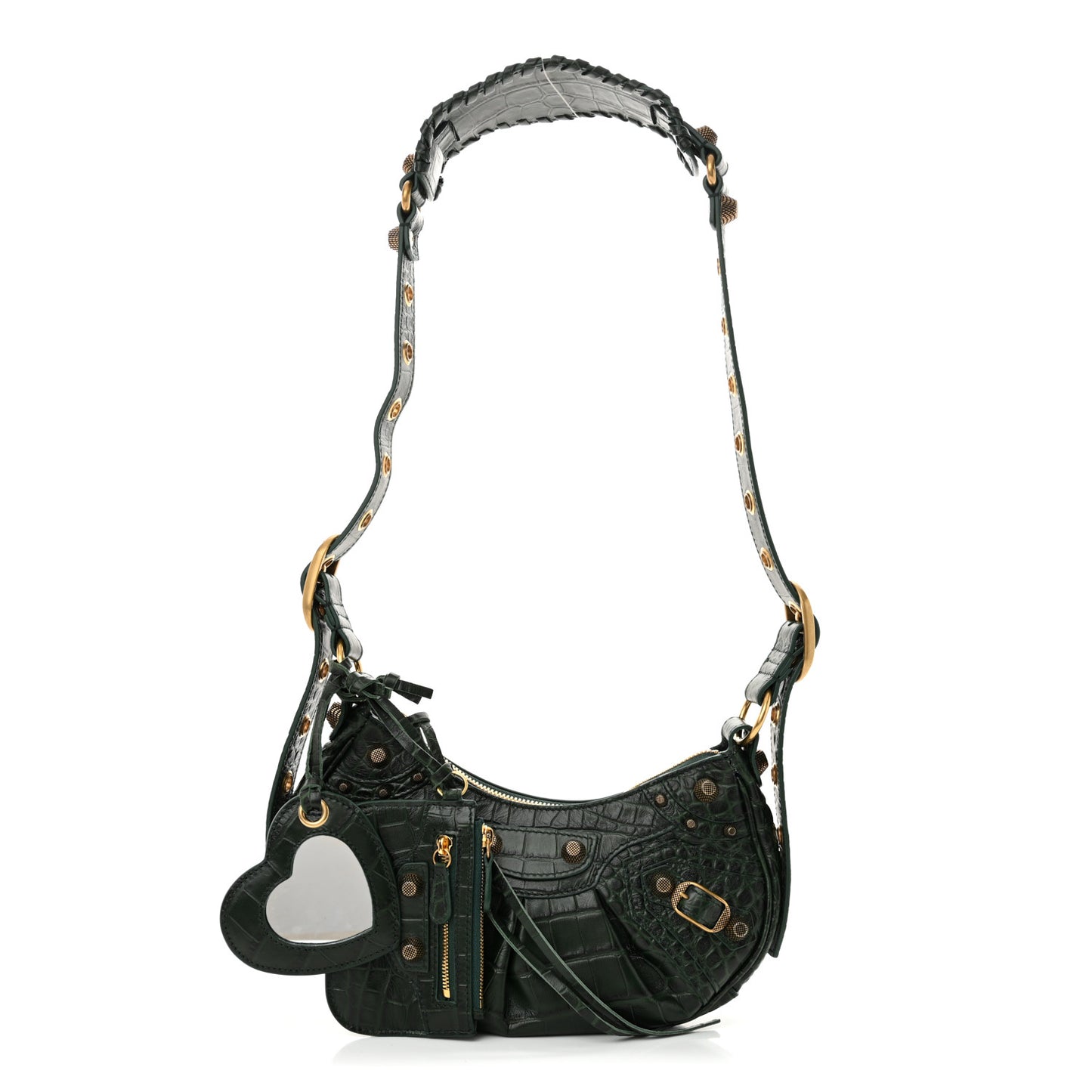 Extra Supple Calfskin Crocodile Embossed Le Cagole Shoulder Bag XS Forest Green