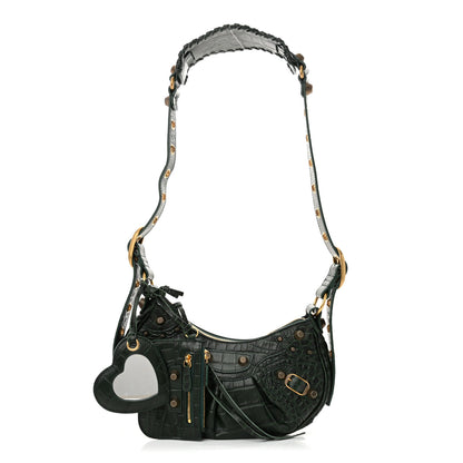 Balenciaga Extra Supple Calfskin Crocodile Embossed Le Cagole Shoulder Bag XS Forest Green 3 of 11