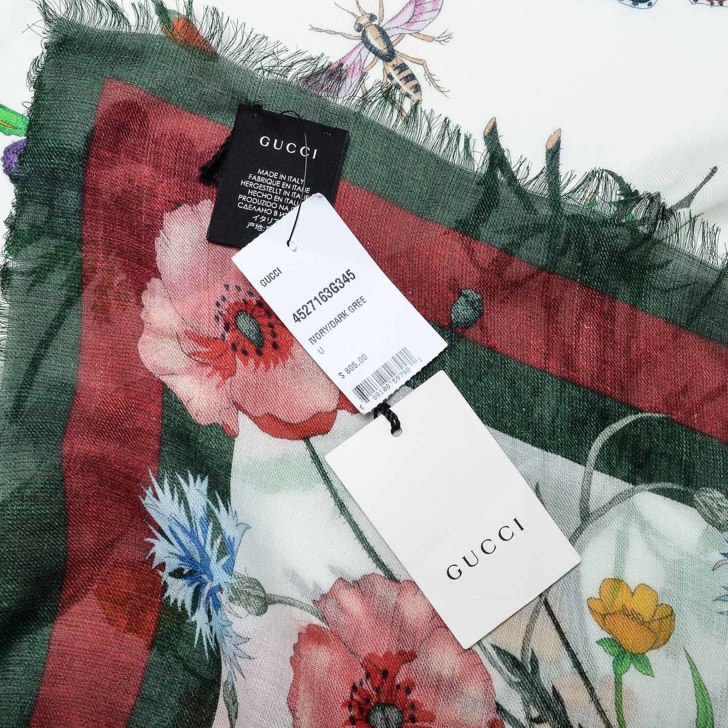Wool Silk Floral Web Square Scarf Ivory Dark Green