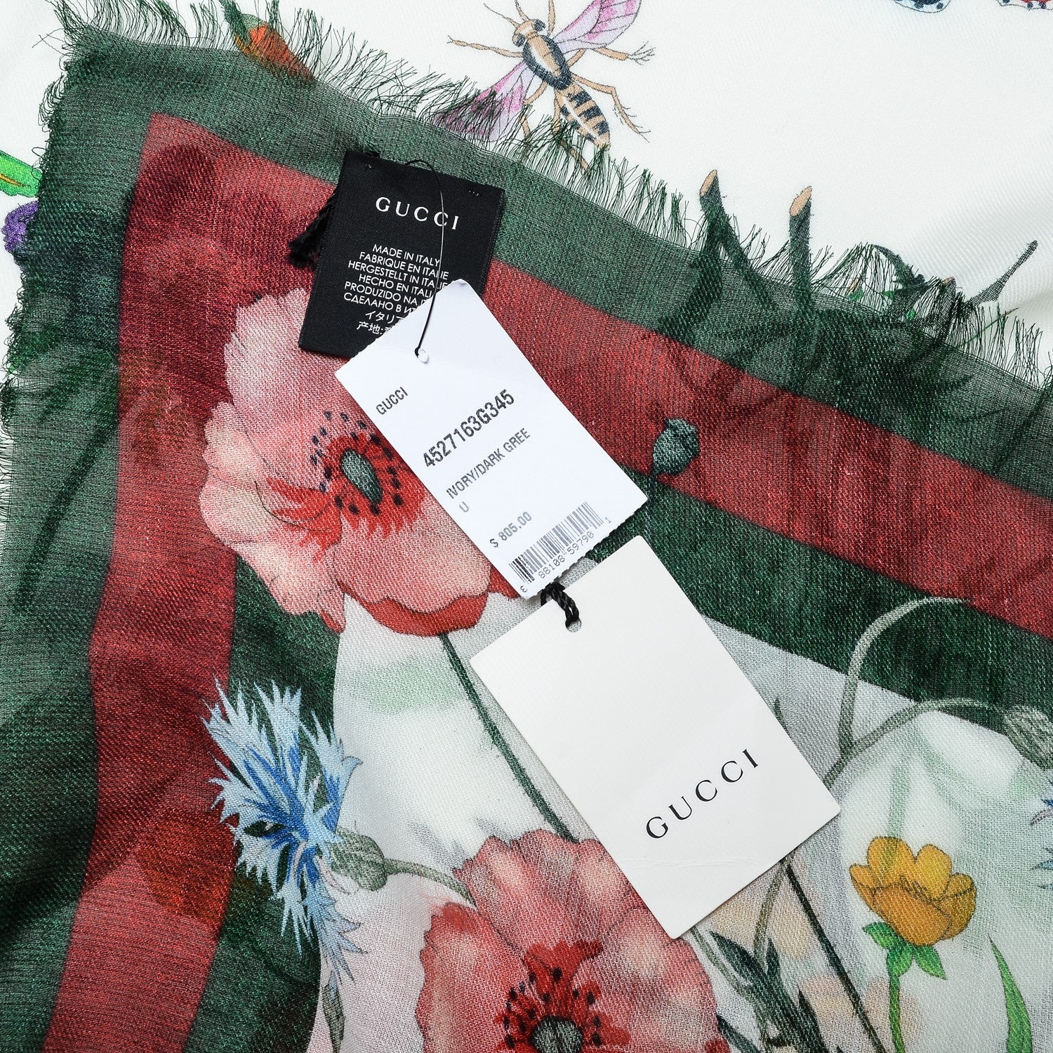 Gucci Wool Silk Floral Web Square Scarf Ivory Dark Green 5 of 6