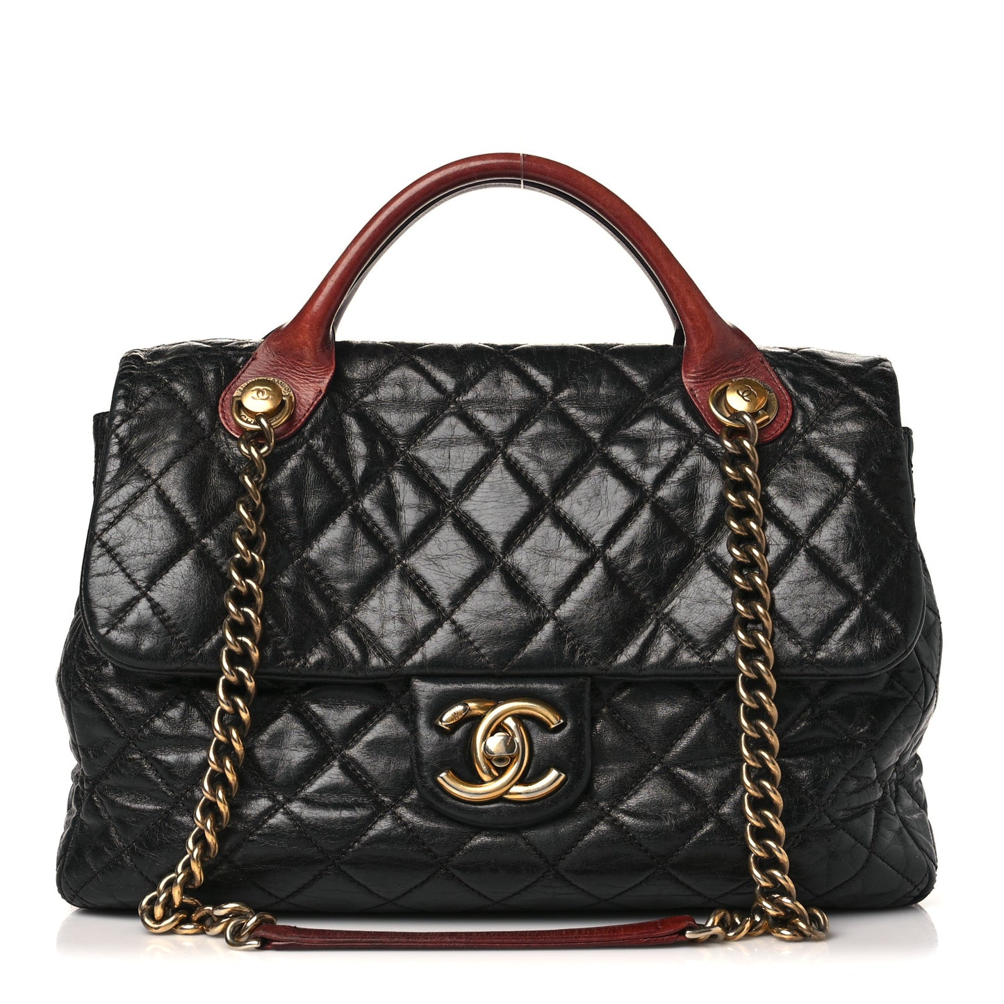 Glazed Calfskin Castle Rock Large Flap Black Burgundy