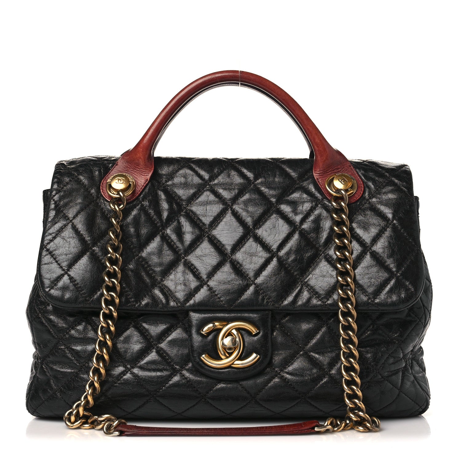 Chanel Glazed Calfskin Castle Rock Large Flap Black Burgundy 1 of 11